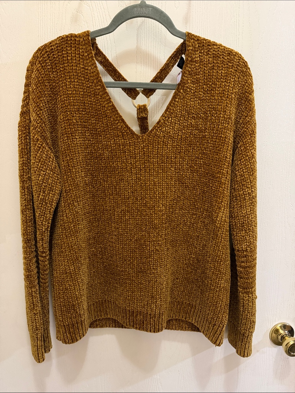Love By Design Chenille V-Neck Sweater with Strappy Back - Brown
